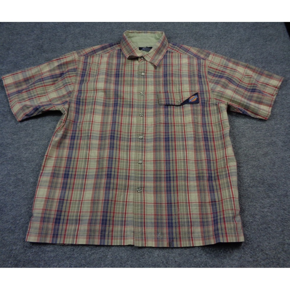 Vtg Dickies Pearl Snap Shirt Mens Large Tan Blue Striped Button Pockets Retro